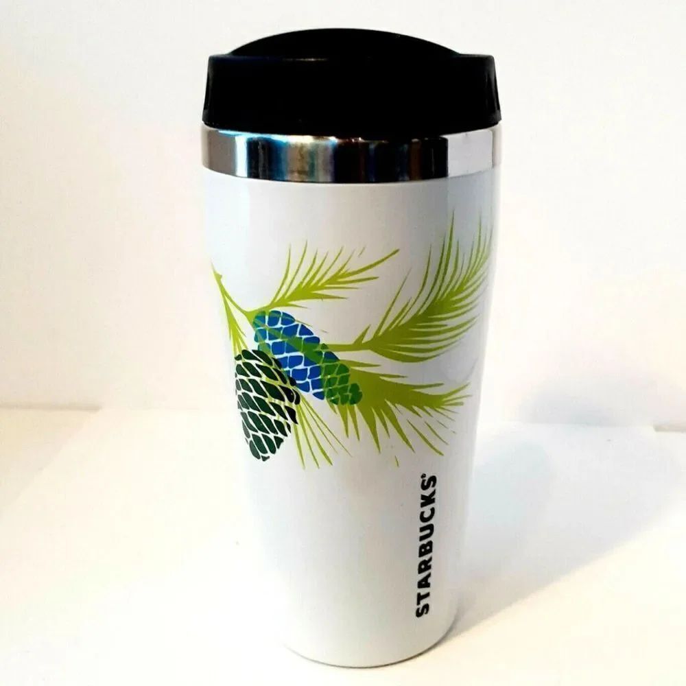 Starbucks White Travel Tumbler Green and Blue Pine Cone and Branch Design